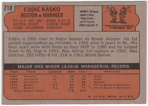 1972 Topps Baseball #218 Eddie Kasko