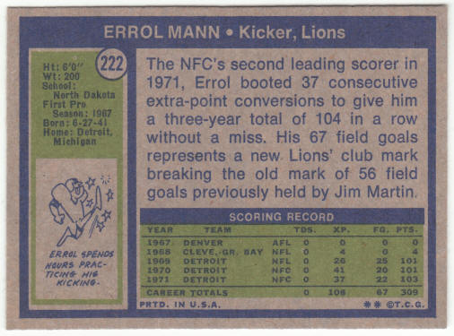 1972 Topps Football #222 Errol Mann
