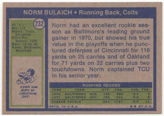 1972 Topps Football #232 Norm Bulaich Rookie Card