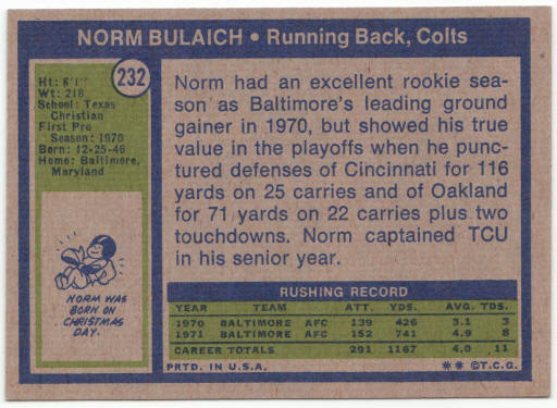 1972 Topps Football #232 Norm Bulaich Rookie Card