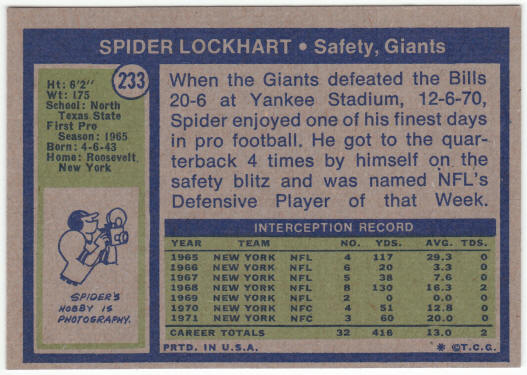 1972 Topps Football #233 Spider Lockhart