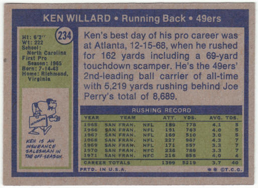 1972 Topps Football #234 Ken Willard