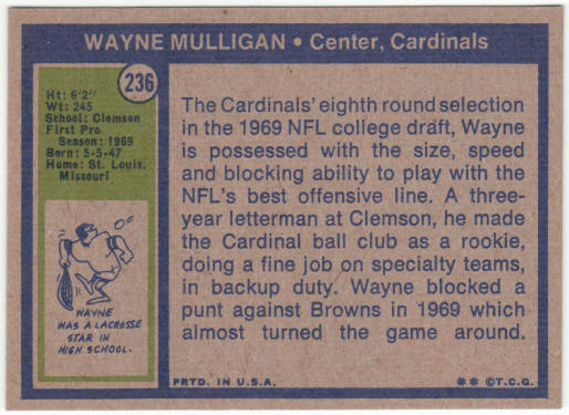 1972 Topps Football #236 Wayne Mulligan Rookie Card