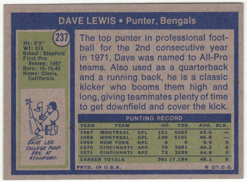 1972 Topps Football #237 Dave Lewis Rookie Card