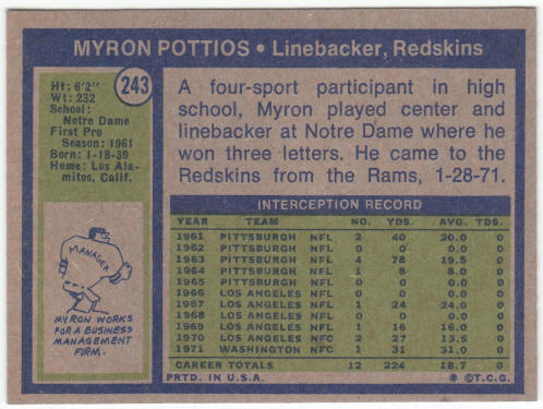 1972 Topps Football #243 Myron Pottios