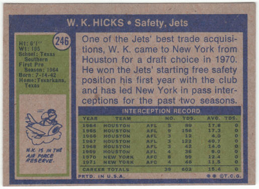 1972 Topps Football #246 W K Hicks