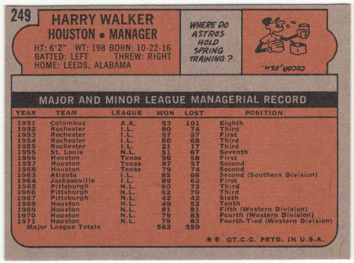 1972 Topps Baseball #249 Harry Walker MG