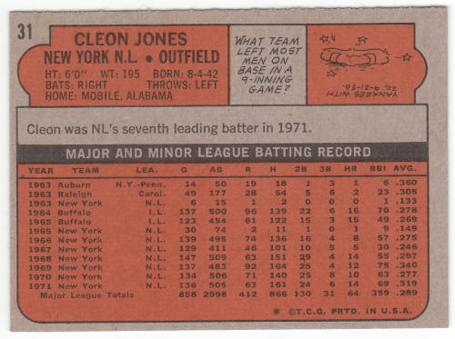 1972 Topps Baseball #31 Cleon Jones