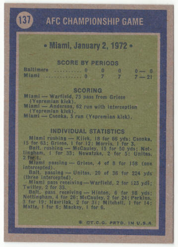 1972 Topps #137 AFC Championship Game Johnny Unitas back