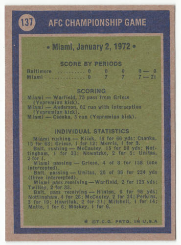 1972 Topps Football #137 AFC Championship Game Johnny Unitas