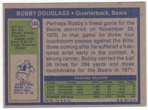 1972 Topps #144 Bobby Douglass back