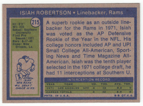 1972 Topps Football #215 Isiah Robertson Rookie Card back