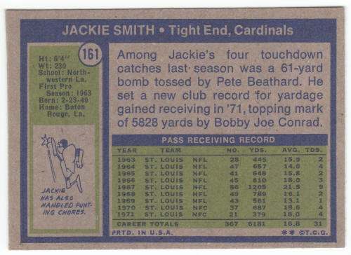 1972 Topps #161 Jackie Smith back