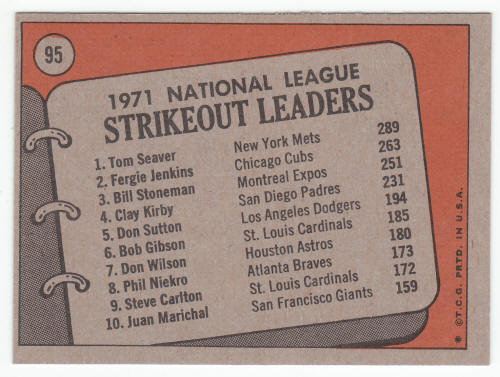 1972 Topps NL Strikeout Leaders Tom Seaver Fergie Jenkins #95 back