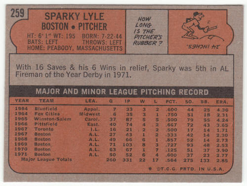1972 Topps Baseball #259 Sparky Lyle back