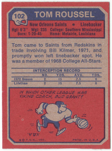 1973 Topps Football #102 Tom Roussel Rookie Card