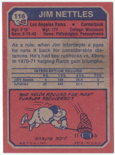 1973 Topps Football #116 Jim Nettles Rookie Card