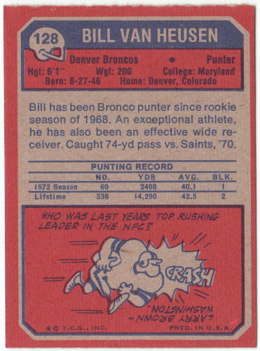 1973 Topps Football #128 Bill Van Heusen