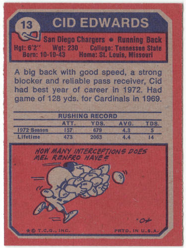 1973 Topps Football #13 Cid Edwards Rookie Card