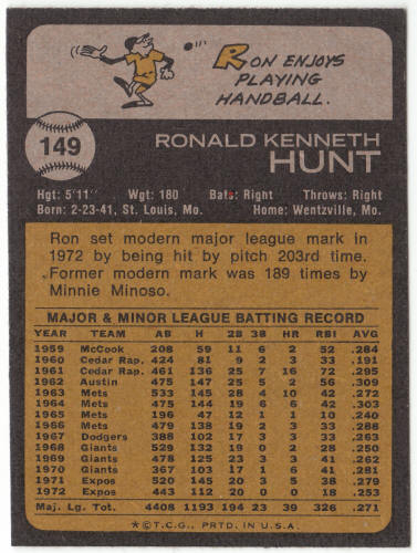 1973 Topps Baseball #149 Ron Hunt
