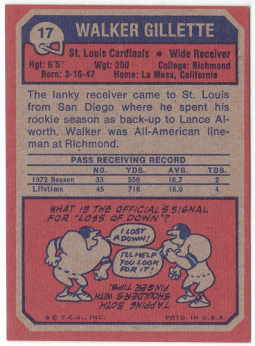 1973 Topps Football #17 Walker Gillette Rookie Card