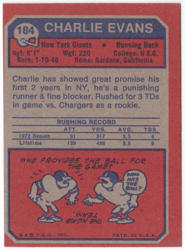 1973 Topps #184 Charlie Evans Rookie Card
