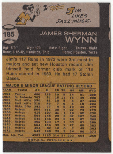 1973 Topps Baseball #185 Jim Wynn