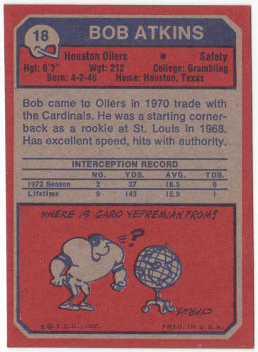 1973 Topps Football #18 Bob Atkins Rookie Card