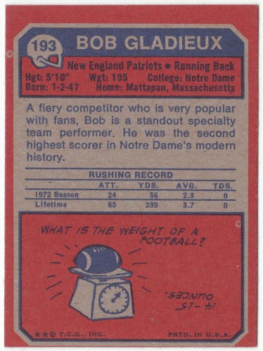 1973 Topps #193 Bob Gladieux Rookie Card