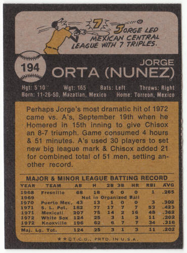 1973 Topps Baseball #194 Jorge Orta Rookie Card