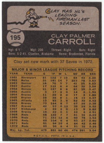 1973 Topps Baseball #195 Clay Carroll