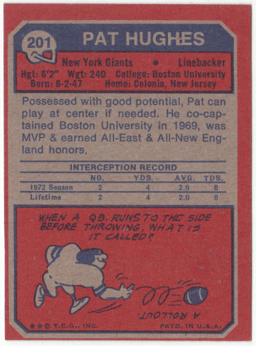 1973 Topps Football #201 Pat Hughes Rookie Card