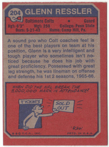 1973 Topps Football #204 Glenn Ressler Rookie Card