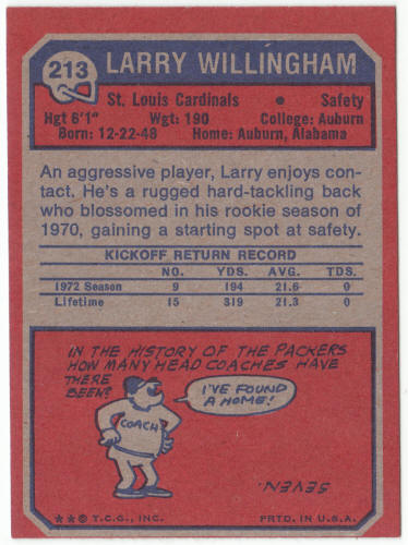 1973 Topps Football #213 Larry Willingham Rookie Card