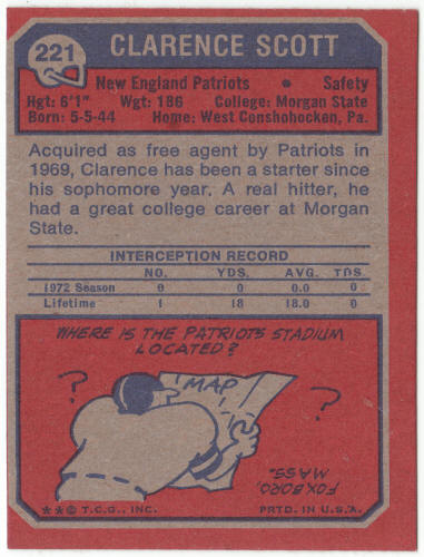 1973 Topps Football #221 Clarence Scott Rookie Card