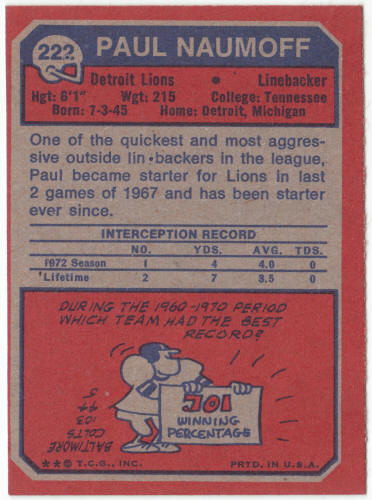 1973 Topps Football #222 Paul Naumoff Rookie Card