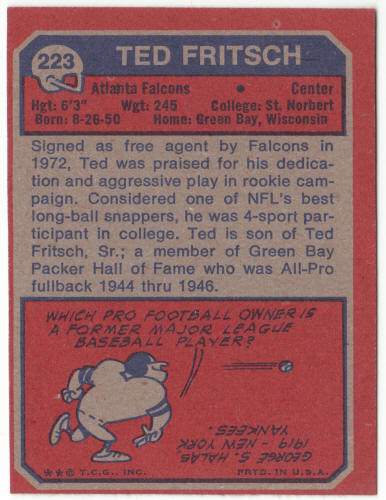 1973 Topps Football #223 Ted Fritsch Rookie Card