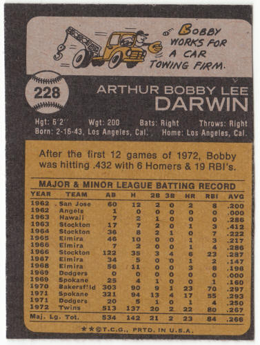 1973 Topps Baseball #228 Bobby Darwin