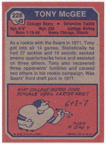 1973 Topps Football #228 Tony McGee Rookie Card
