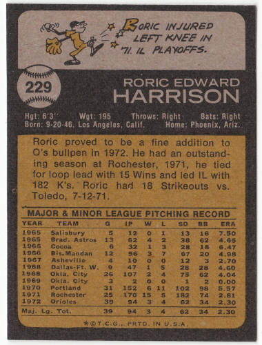 1973 Topps Baseball #229 Roric Harrison
