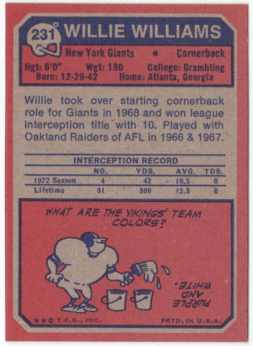 1973 Topps Football #231 Willie Williams Rookie Card
