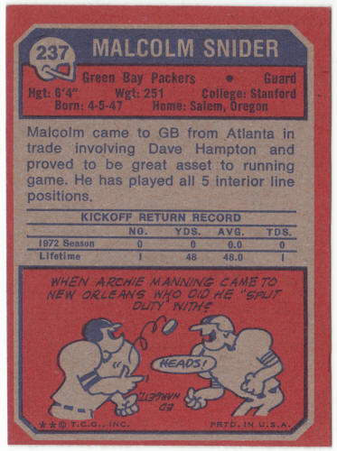 1973 Topps Football #237 Malcolm Snider Rookie Card