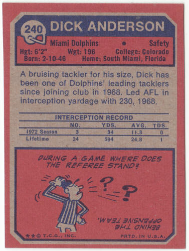 1973 Topps Football #240 Dick Anderson