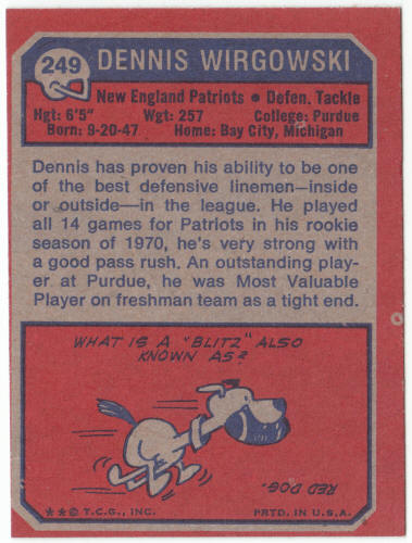 1973 Topps Football #249 Dennis Wirgowski Rookie Card