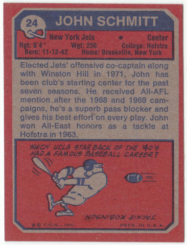 1973 Topps Football #24 John Schmitt Rookie Card