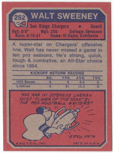 1973 Topps Football #252 Walt Sweeney