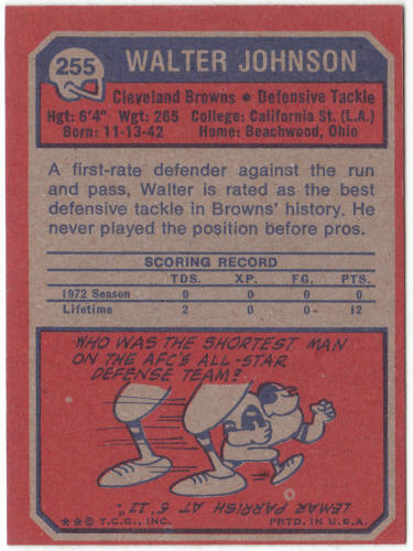 1973 Topps Football #255 Walter Johnson