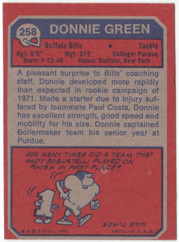 1973 Topps Football #258 Donnie Green Rookie Card