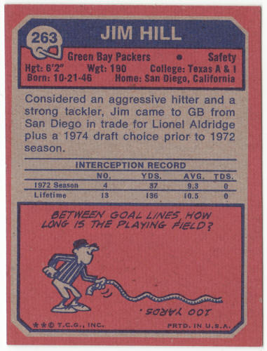 1973 Topps Football #263 Jim Hill Rookie Card
