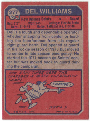 1973 Topps Football #277 Del Williams Rookie Card